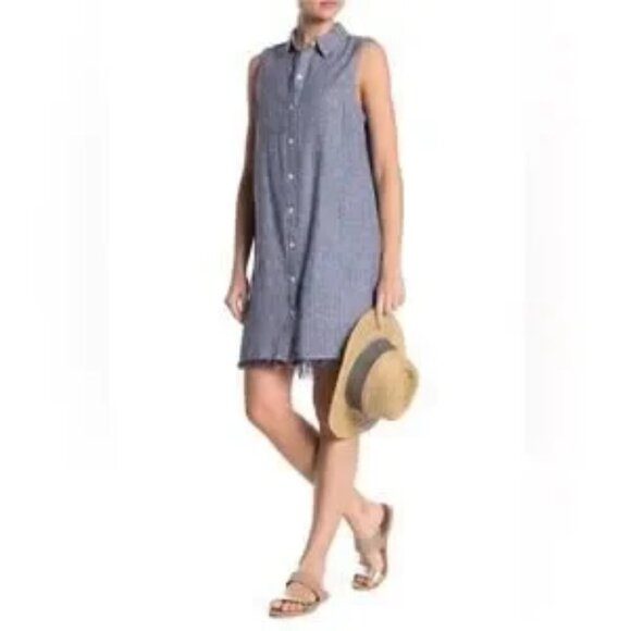Beach Lunch Lounge Linen Zena Striped Shirt Dress Sz S Sleeveless Blue Lined - Picture 4 of 15